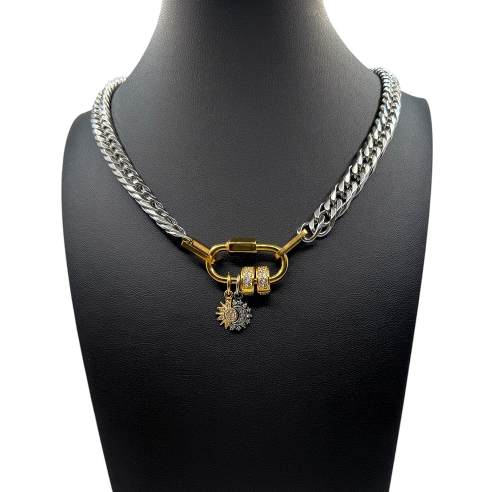 ✨ NEW 18K Gold Plated Two-Tone Cuban Chain Statement Necklace w/ Sun Charm✨ - Picture 7 of 7